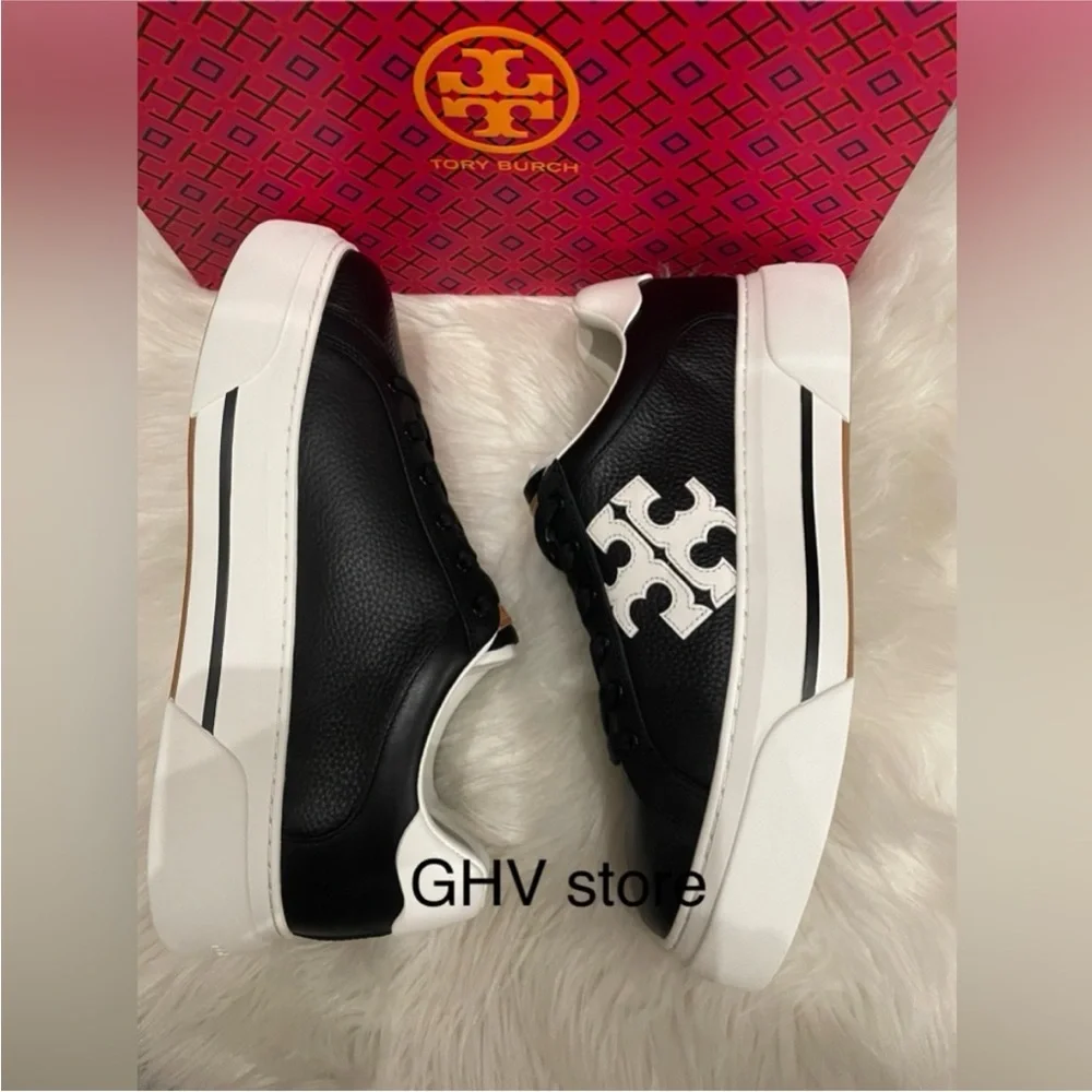 Tory Burch Black and White Leather Logo Sneakers